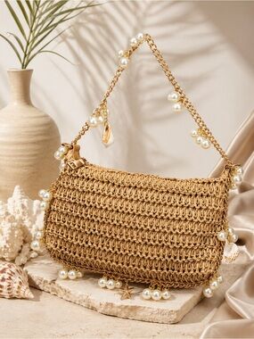 Steph Straw Pearl Lined Evening Bag NEW WITH TAGS